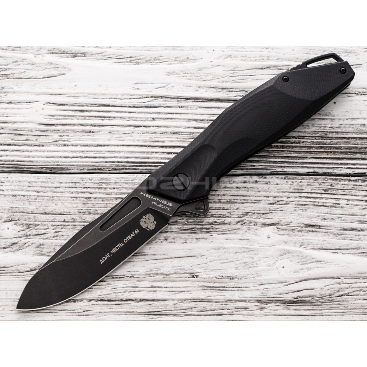 Mr.Blade нож Hemnes сталь D2, рукоять G10 black (Долг, Честь, Отвага)