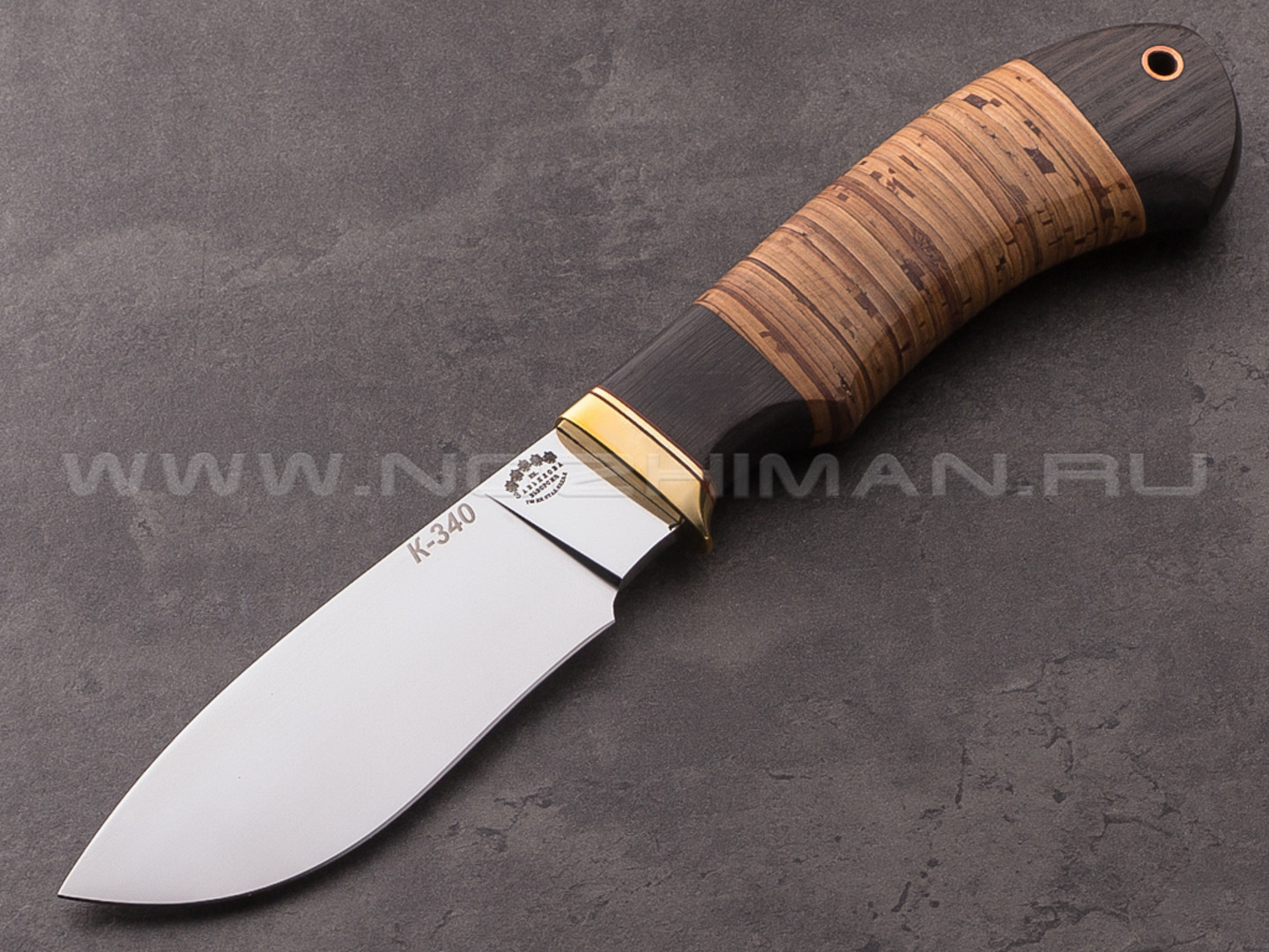Нож "Аврора" сталь K340, рукоять наборная береста, мореный дуб, латунь