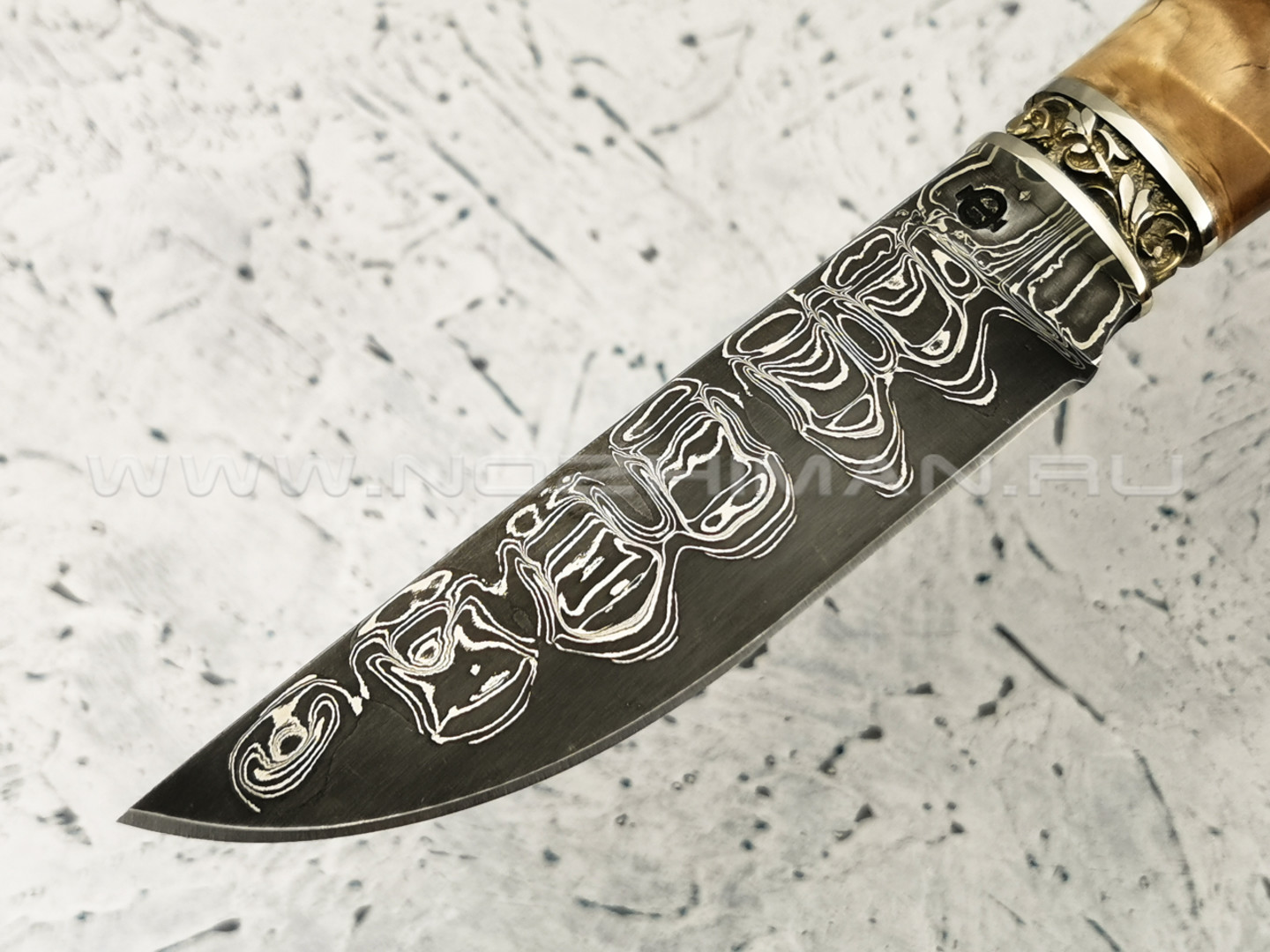 Нож "Клык" дамасская сталь, березовый сувель, мельхиор (Федотов А. В.) 011М46