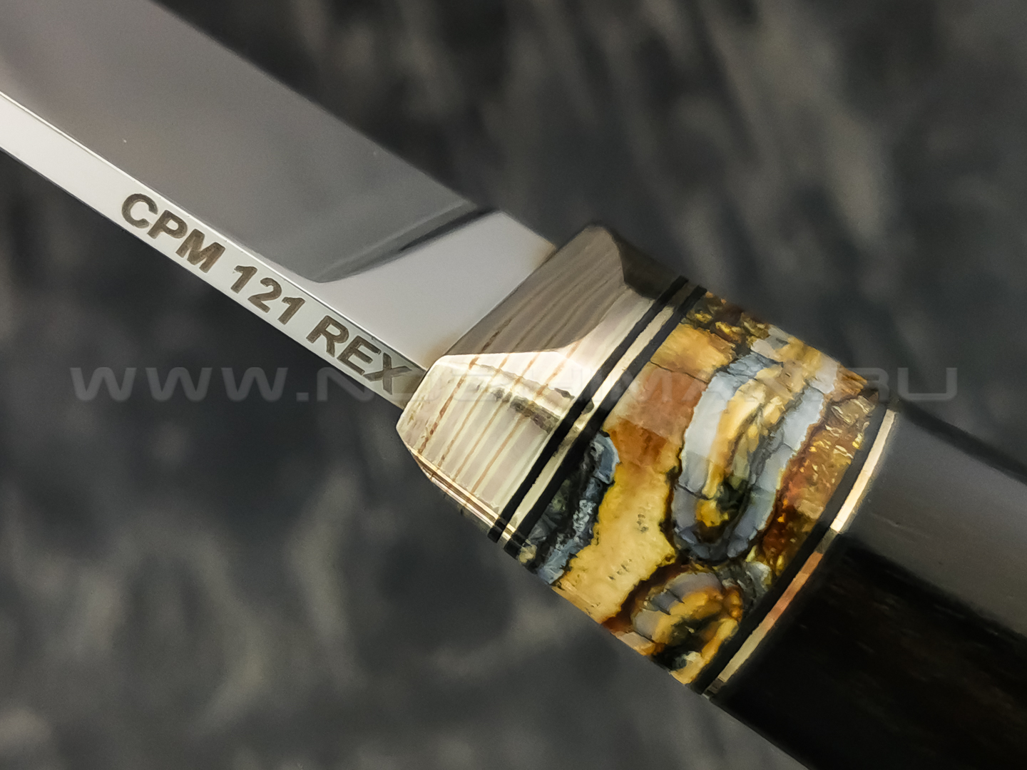 Нож "Ладья-2" сталь CPM 121 Rex, рукоять эбен, зуб мамонта, мокуме гане (Тов. Завьялова)