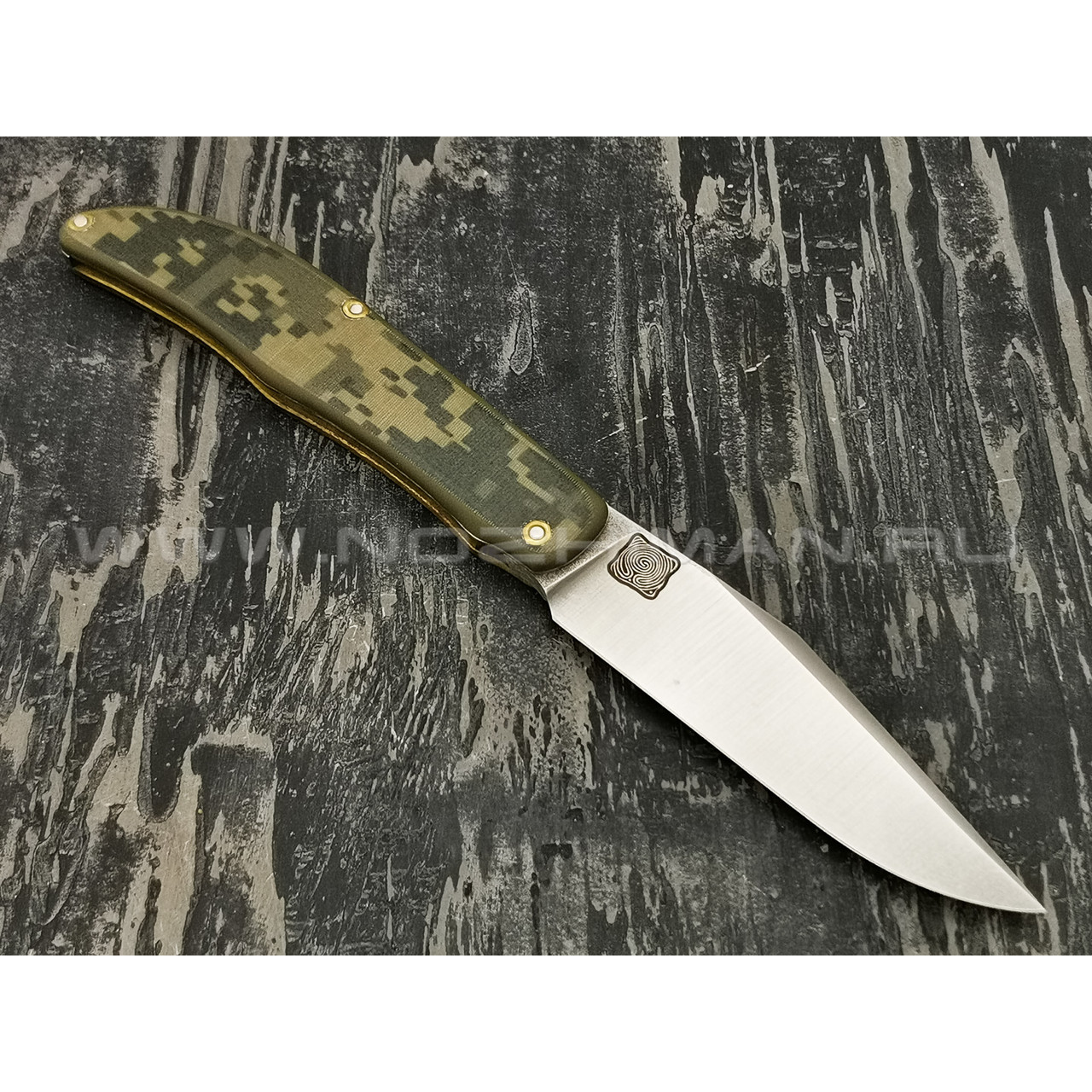 1-й Цех нож "Складень" сталь K110, рукоять бронза с худ. травлением, G10