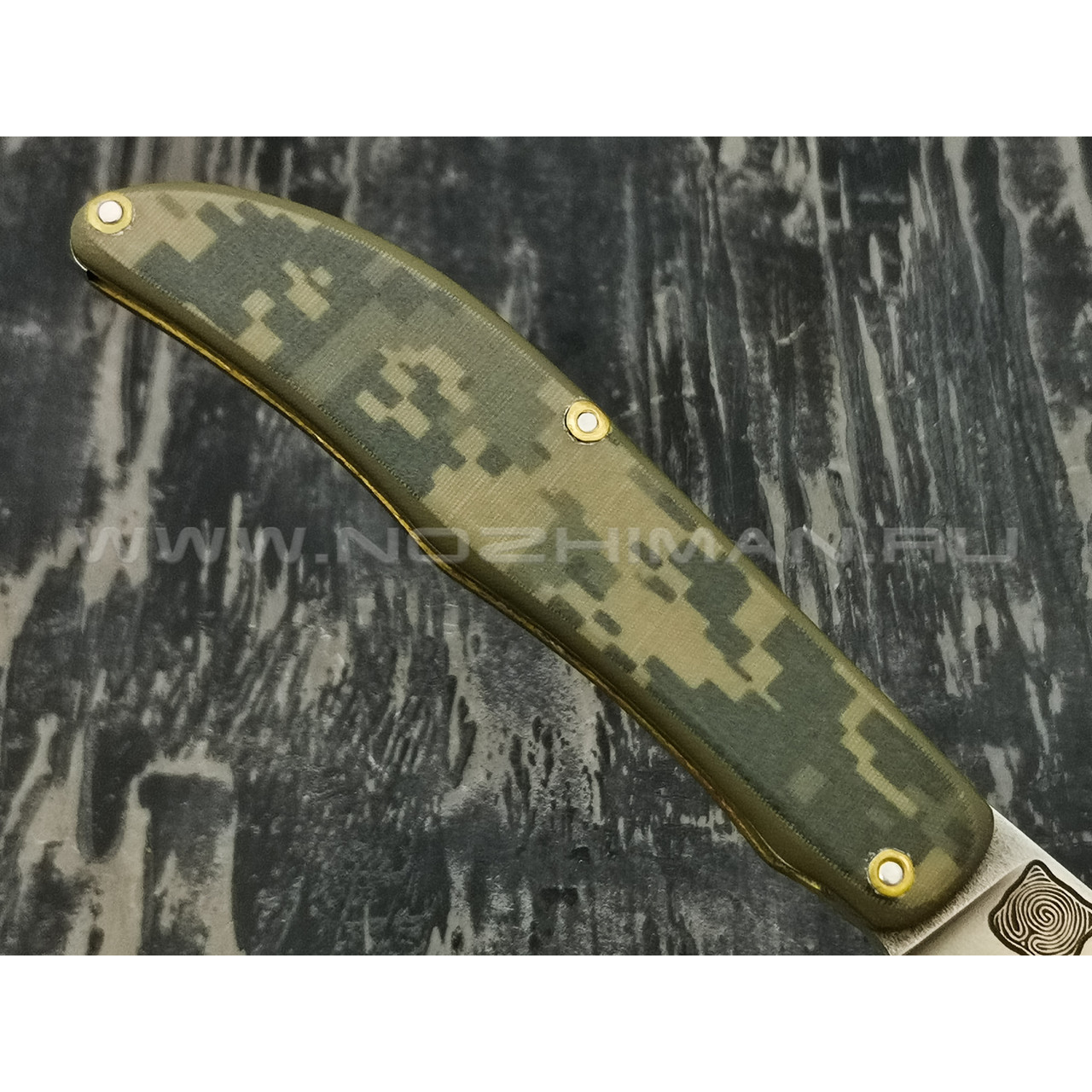 1-й Цех нож "Складень" сталь K110, рукоять бронза с худ. травлением, G10