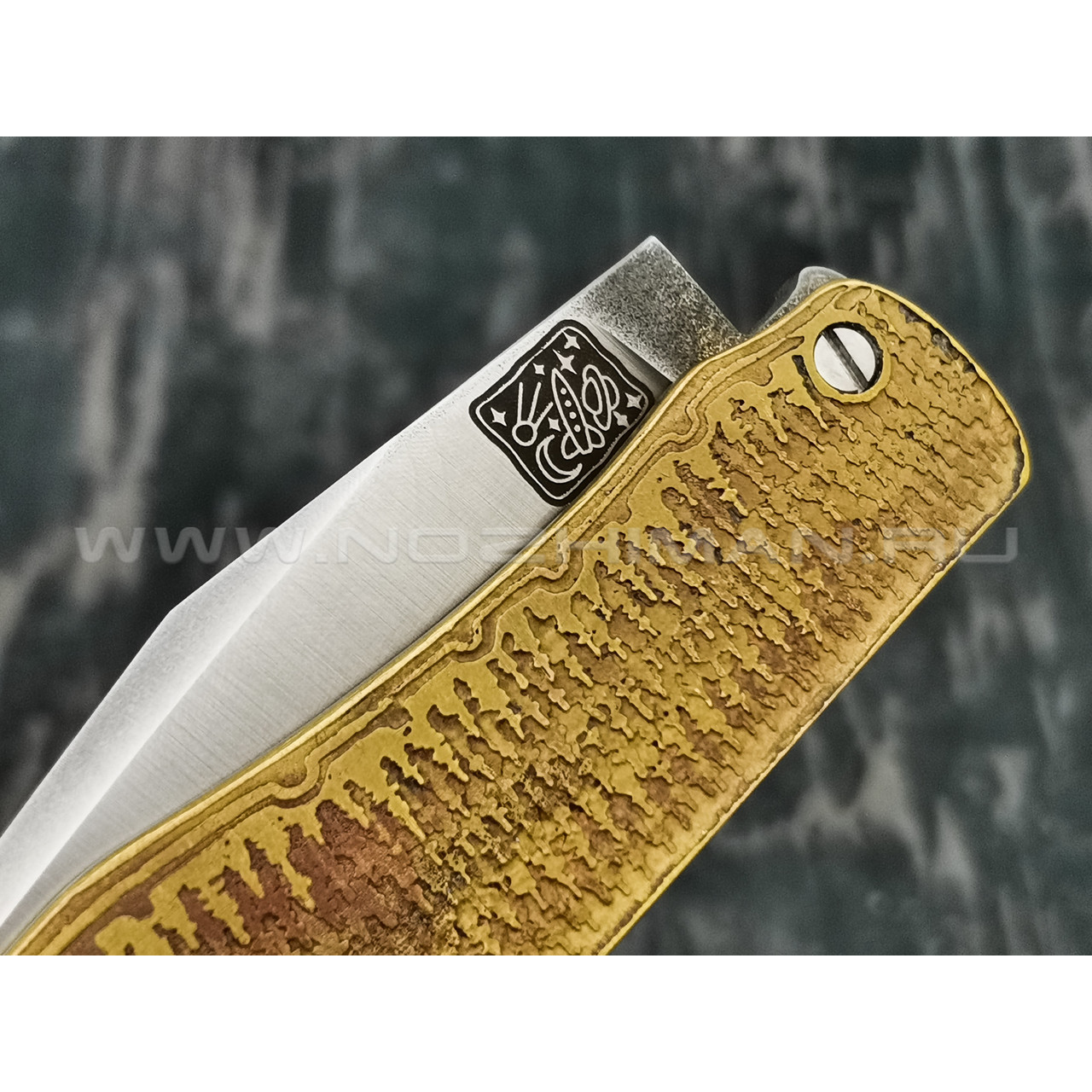 1-й Цех нож "Складень" сталь K110, рукоять бронза с худ. травлением, G10