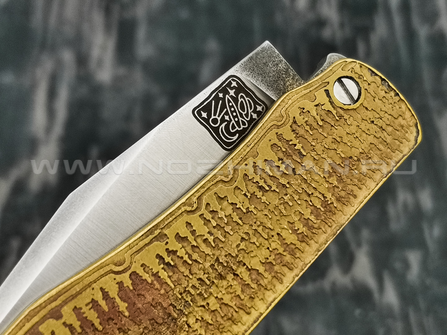 1-й Цех нож "Складень" сталь K110, рукоять бронза с худ. травлением, G10