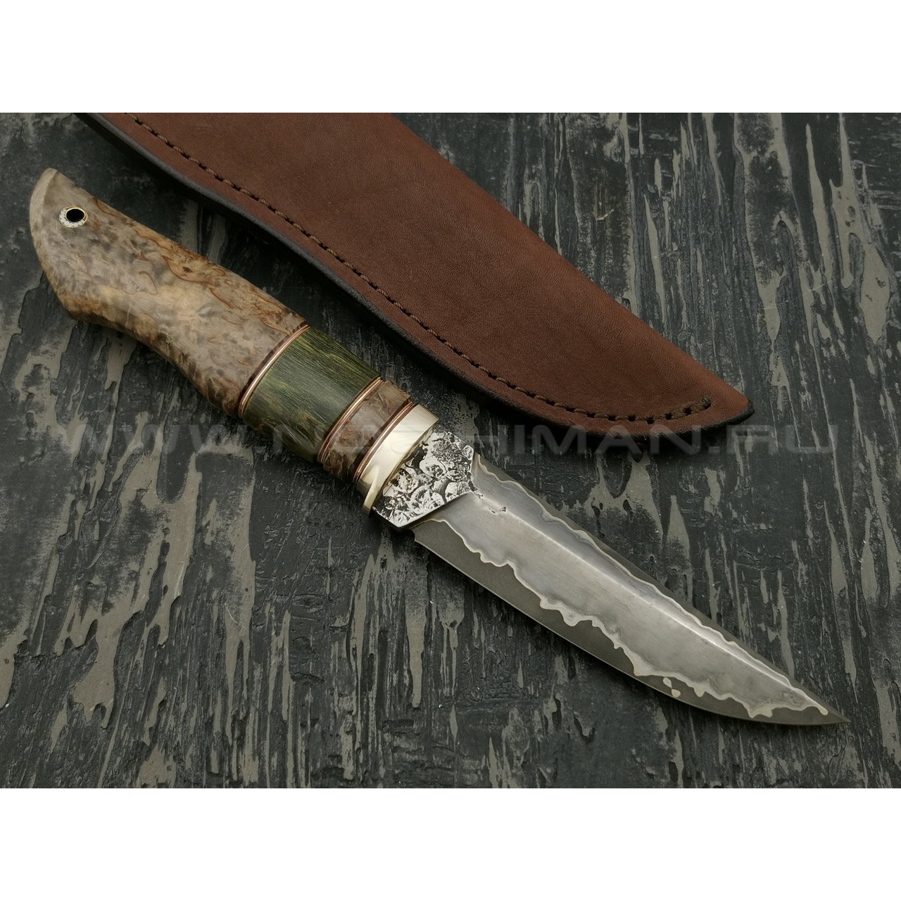 Нож НЛВ3 ламинированная сталь K340 рукоять стаб. карельская береза, мельхиор (Леонид Васильев)
