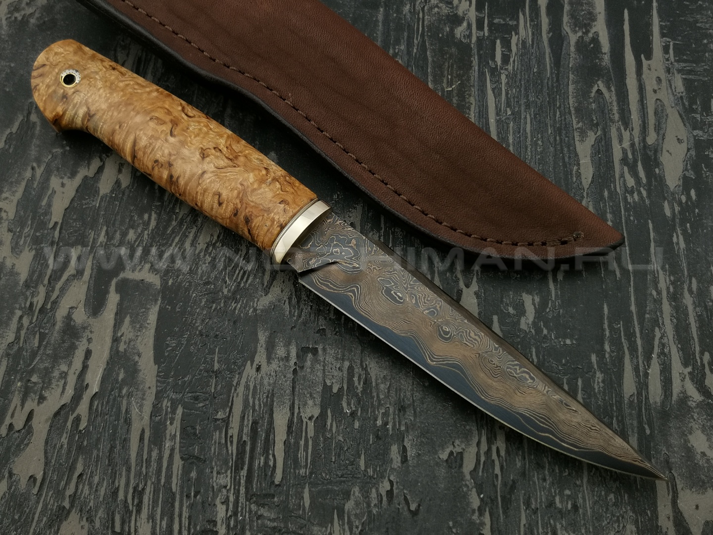 Нож НЛВ4 ламинированная сталь B400 рукоять стаб. карельская береза, мельхиор (Леонид Васильев)