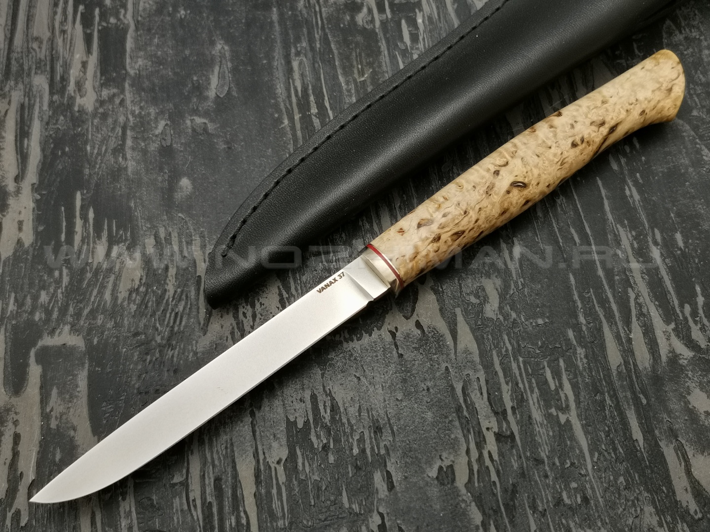 Кметъ нож Шило-3 сталь Vanax 37 рукоять стаб. карельская береза, мельхиор