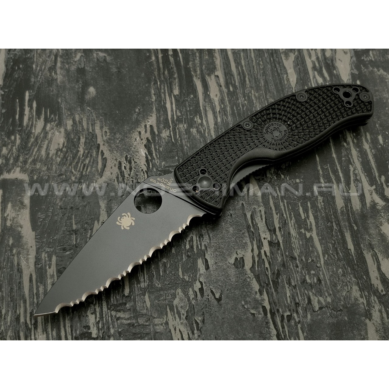 Нож Spyderco Tenacious Serrated C122SBBK, сталь 8Cr13MoV black, рукоять FRN black