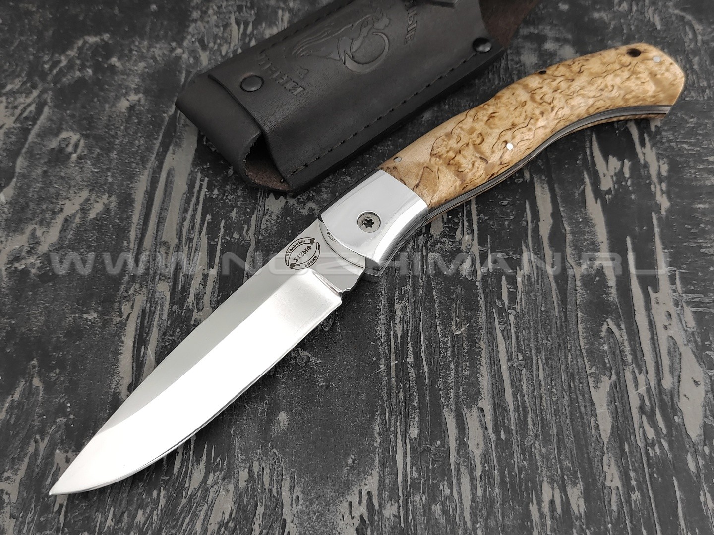 Нож складной "Якутский-СФП" сталь Х12МФ прямой спуск, рукоять стаб. карельская берёза (Стальные Бивни)