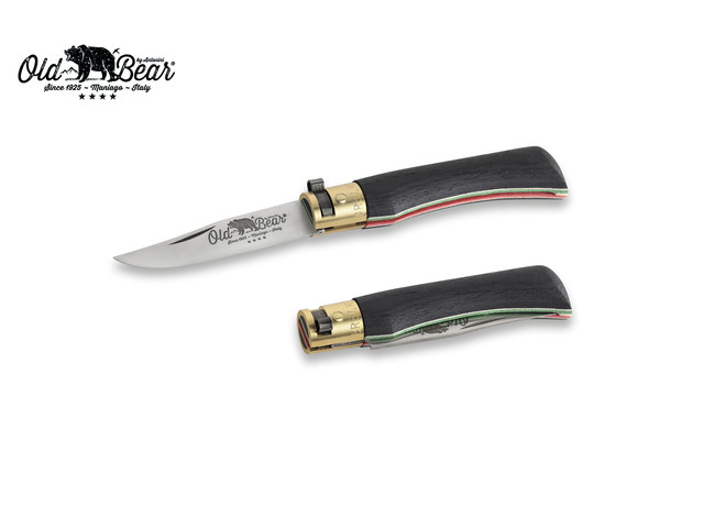 Нож Antonini Old Bear World S 9307/17_MT нержавеющая сталь AISI 420 рукоять ламинат черного дерева с флагом Италии, латунь
