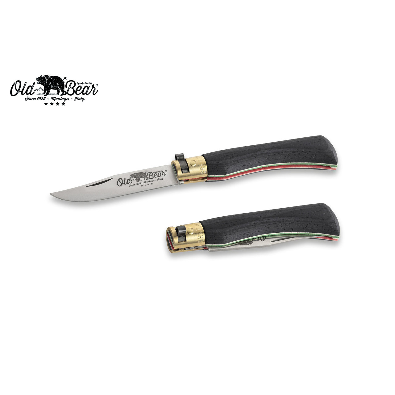Нож Antonini Old Bear World M 9307/19_MT нержавеющая сталь AISI 420 рукоять ламинат черного дерева с флагом Италии, латунь