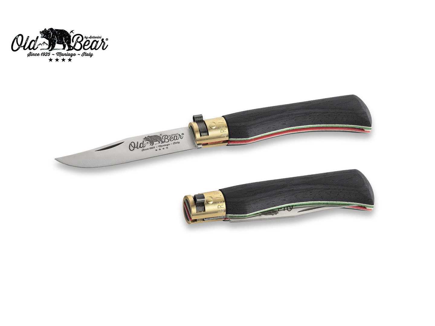 Нож Antonini Old Bear World M 9307/19_MT нержавеющая сталь AISI 420 рукоять ламинат черного дерева с флагом Италии, латунь