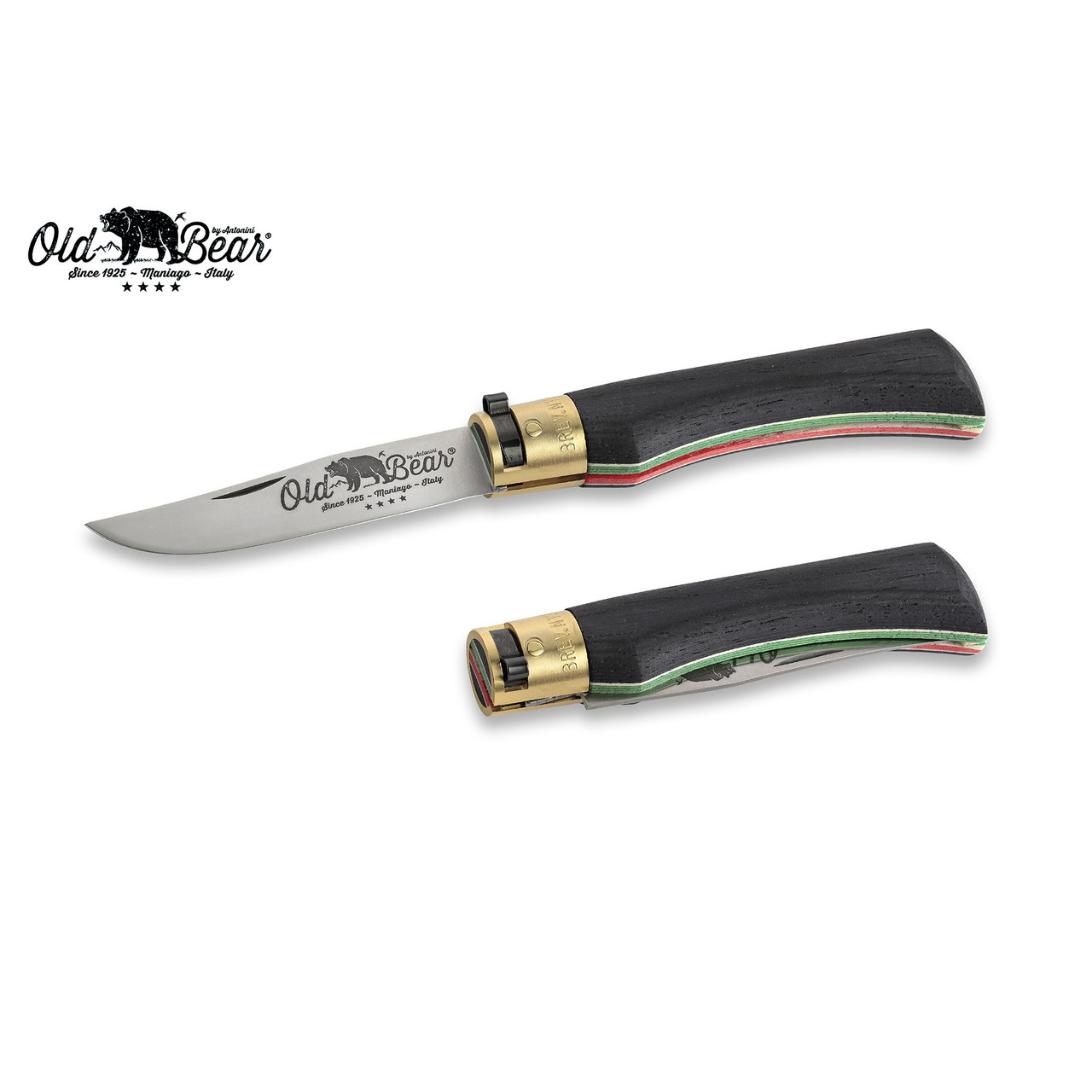 Нож Antonini Old Bear World L 9307/21_MT нержавеющая сталь AISI 420 рукоять ламинат черного дерева с флагом Италии, латунь