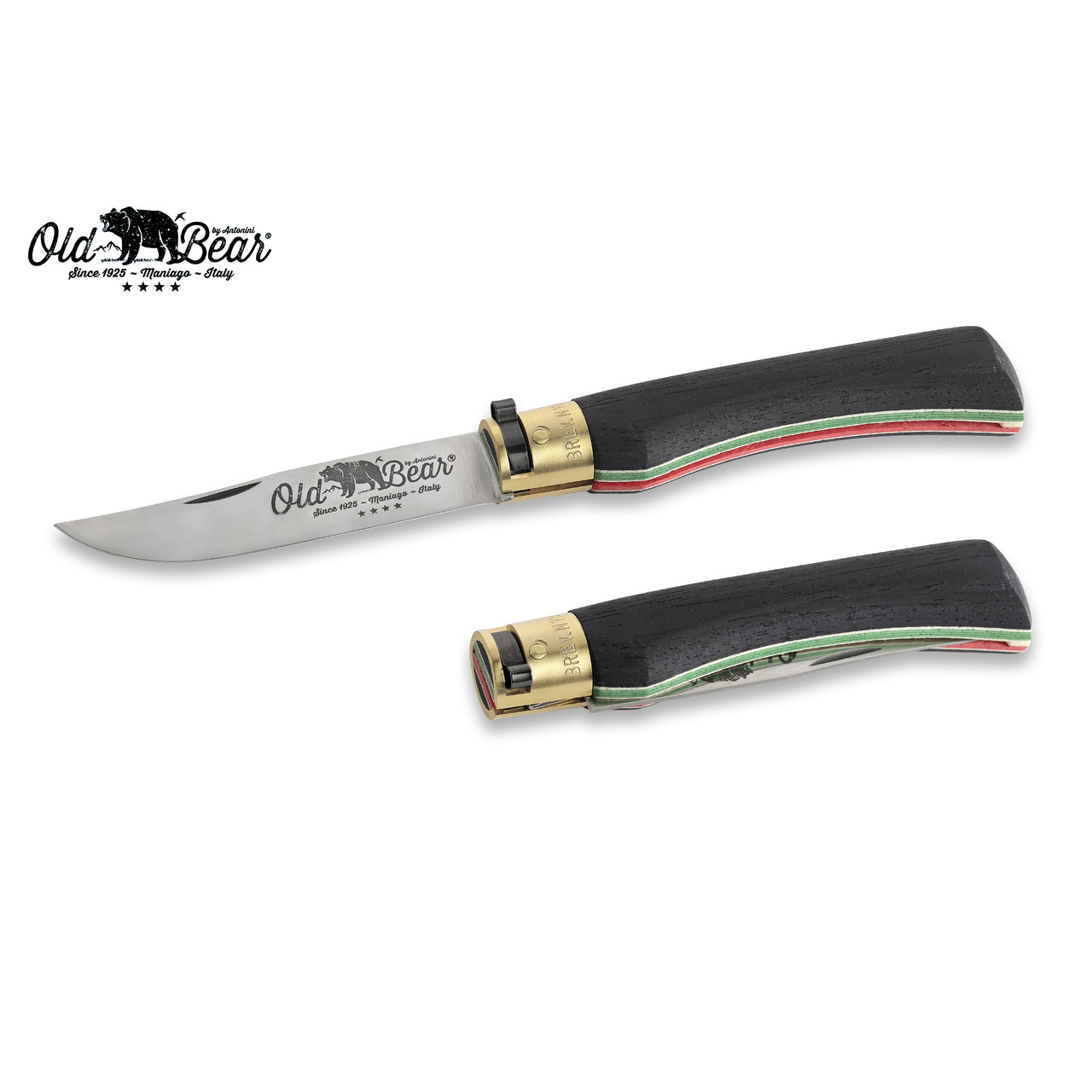 Нож Antonini Old Bear World XL 9307/23_MT нержавеющая сталь AISI 420 рукоять ламинат черного дерева с флагом Италии, латунь