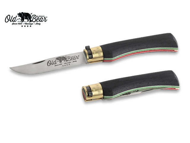 Нож Antonini Old Bear World XL 9307/23_MT нержавеющая сталь AISI 420 рукоять ламинат черного дерева с флагом Италии, латунь
