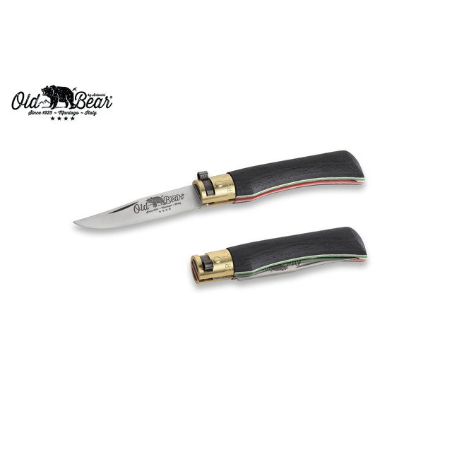 Нож Antonini Old Bear World S 9307/17_MT нержавеющая сталь AISI 420 рукоять ламинат черного дерева с флагом Италии, латунь