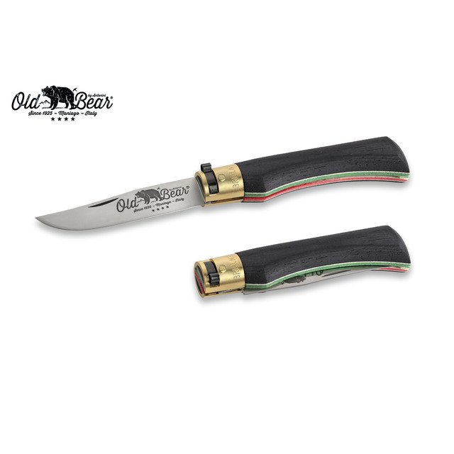 Нож Antonini Old Bear World L 9307/21_MT нержавеющая сталь AISI 420 рукоять ламинат черного дерева с флагом Италии, латунь