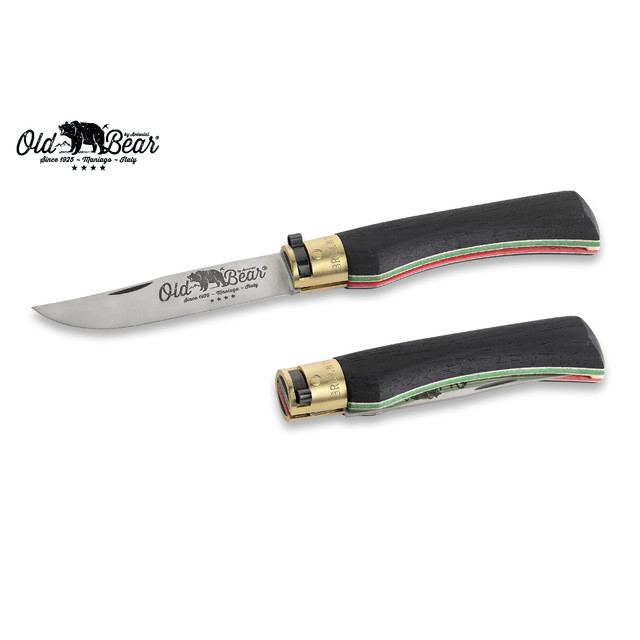 Нож Antonini Old Bear World XL 9307/23_MT нержавеющая сталь AISI 420 рукоять ламинат черного дерева с флагом Италии, латунь