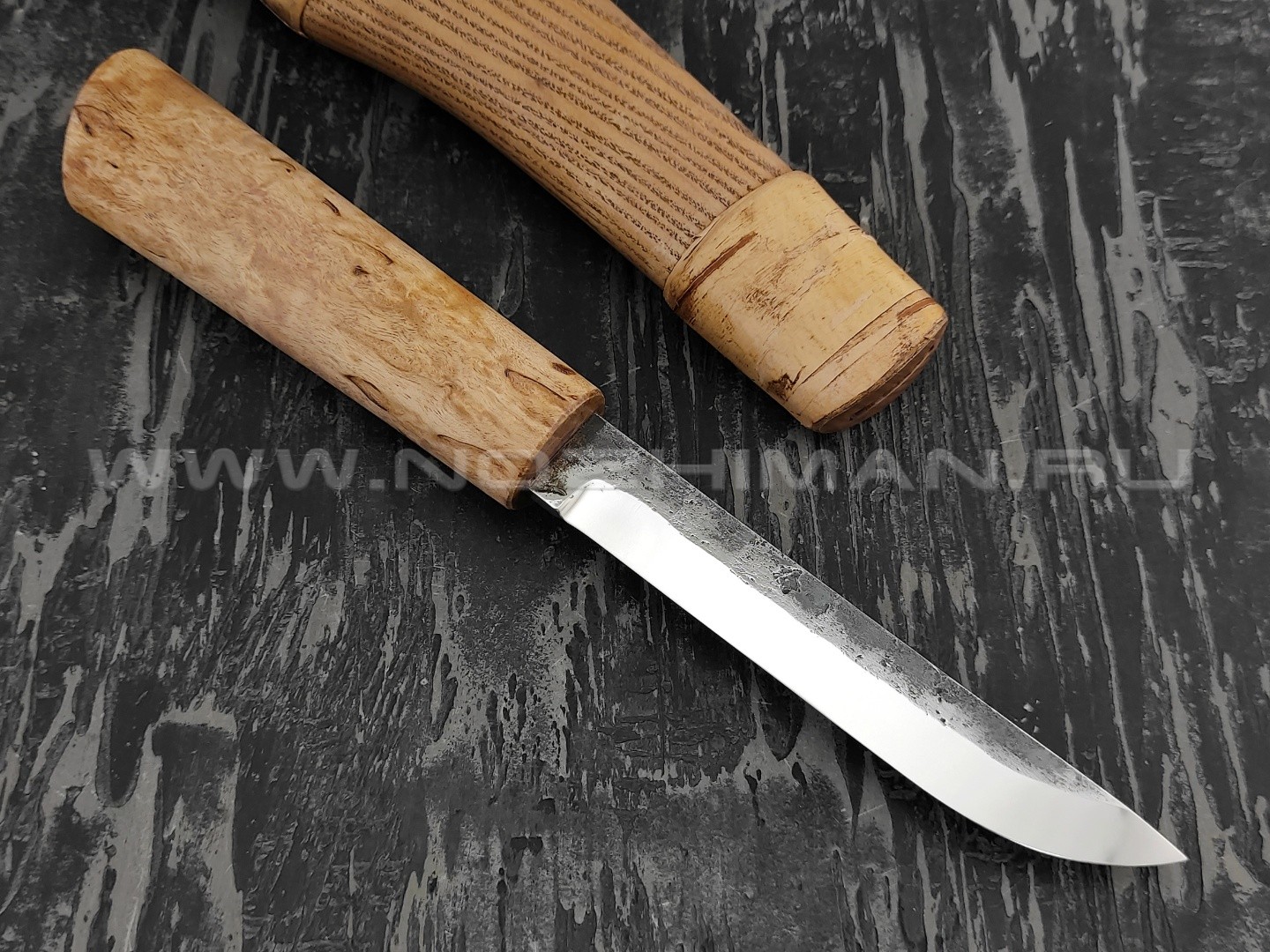 Нож "Ханты-Манси" сталь Х12МФ, рукоять карельская береза, ножны ясень и береста (Стальные Бивни)