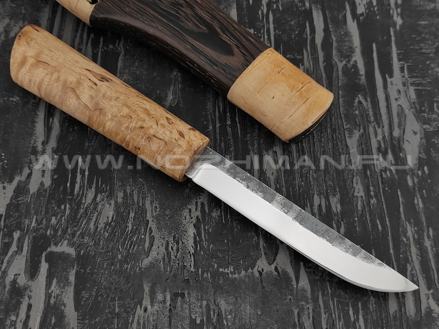 Нож "Ханты-Манси" сталь Х12МФ, рукоять карельская береза, ножны венге и береста (Стальные Бивни)
