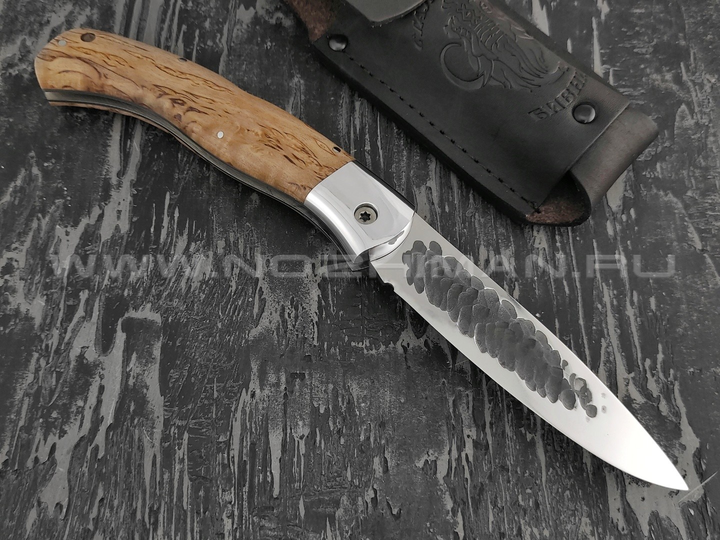Нож складной "Якутский-СКЛ" сталь Х12МФ линза, кованый дол, рукоять стаб. карельская берёза (Стальные Бивни)