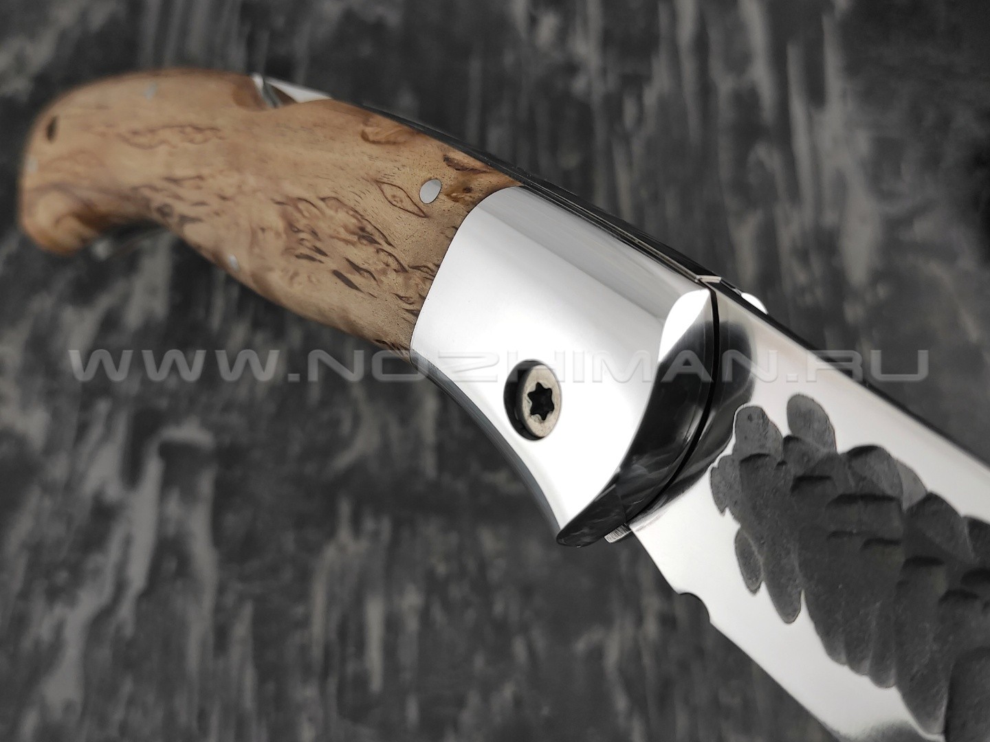 Нож складной "Якутский-СКЛ" сталь Х12МФ линза, кованый дол, рукоять стаб. карельская берёза (Стальные Бивни)