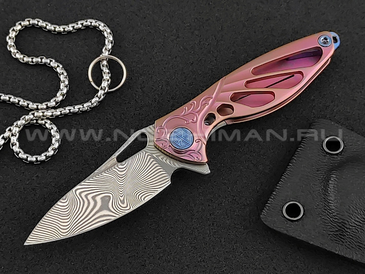 Нож Rike Knife Mini-P Hummingbird pink damasteel, рукоять титан
