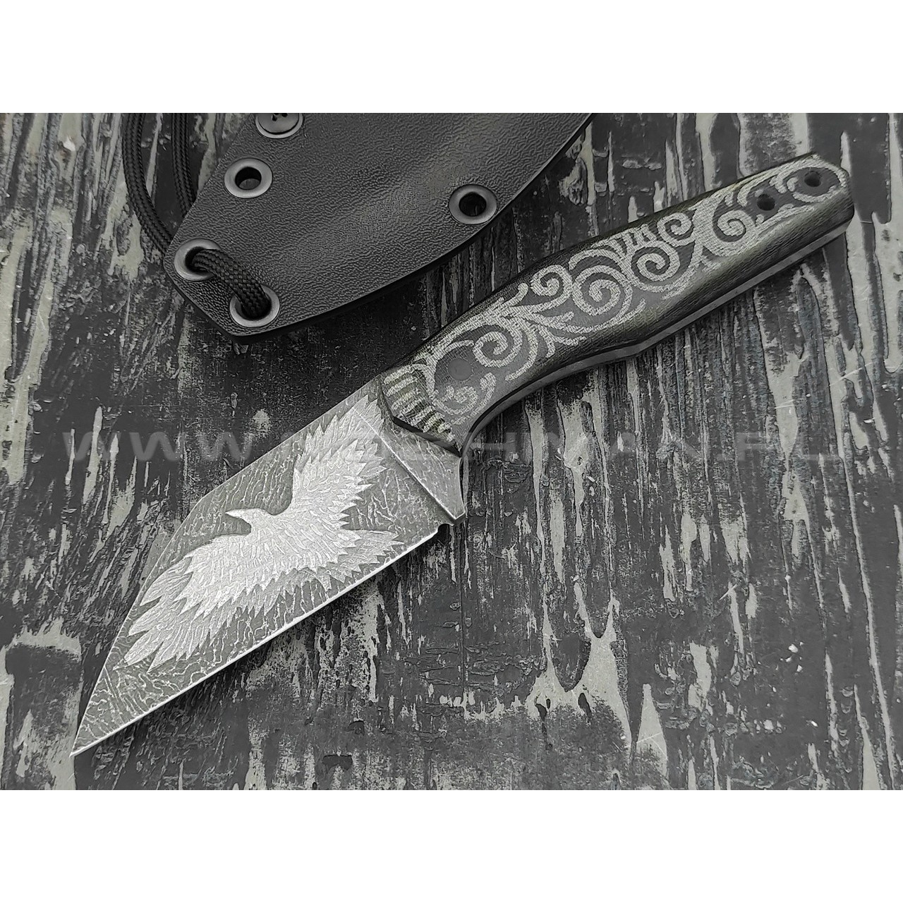 Волчий Век нож "Wharn" Custom Dark Russian Tales сталь PGK WA, рукоять микарта с гравировкой
