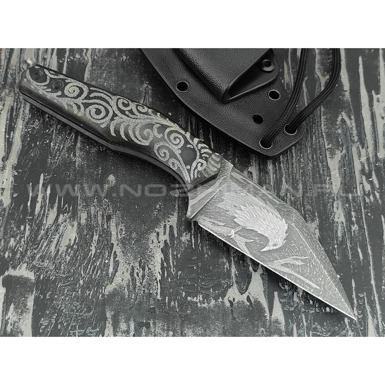 Волчий Век нож "Wharn" Custom Dark Russian Tales сталь PGK WA, рукоять микарта с гравировкой