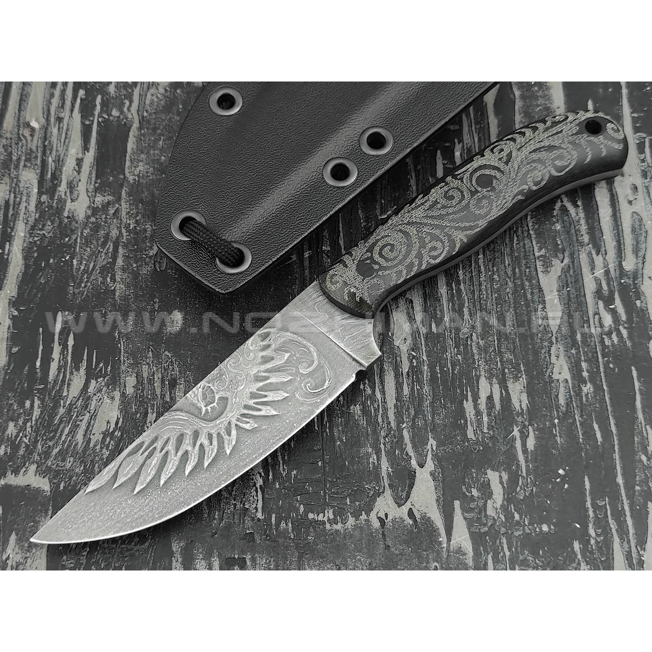 Волчий Век нож "Mark-I" Custom Dark Russian Tales сталь Niolox WA, рукоять микарта с гравировкой