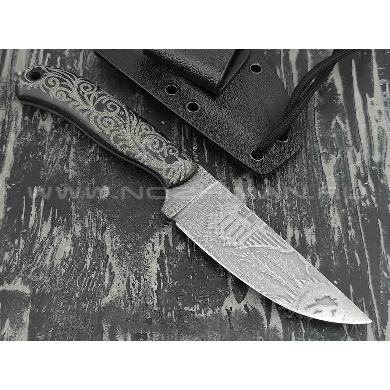 Волчий Век нож "Mark-I" Custom Dark Russian Tales сталь Niolox WA, рукоять микарта с гравировкой