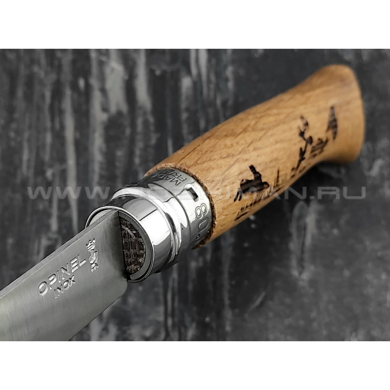 Нож Opinel Engraved №8 002333 Animalia Hare 2019 сталь Sandvik 12C27, рукоять дуб