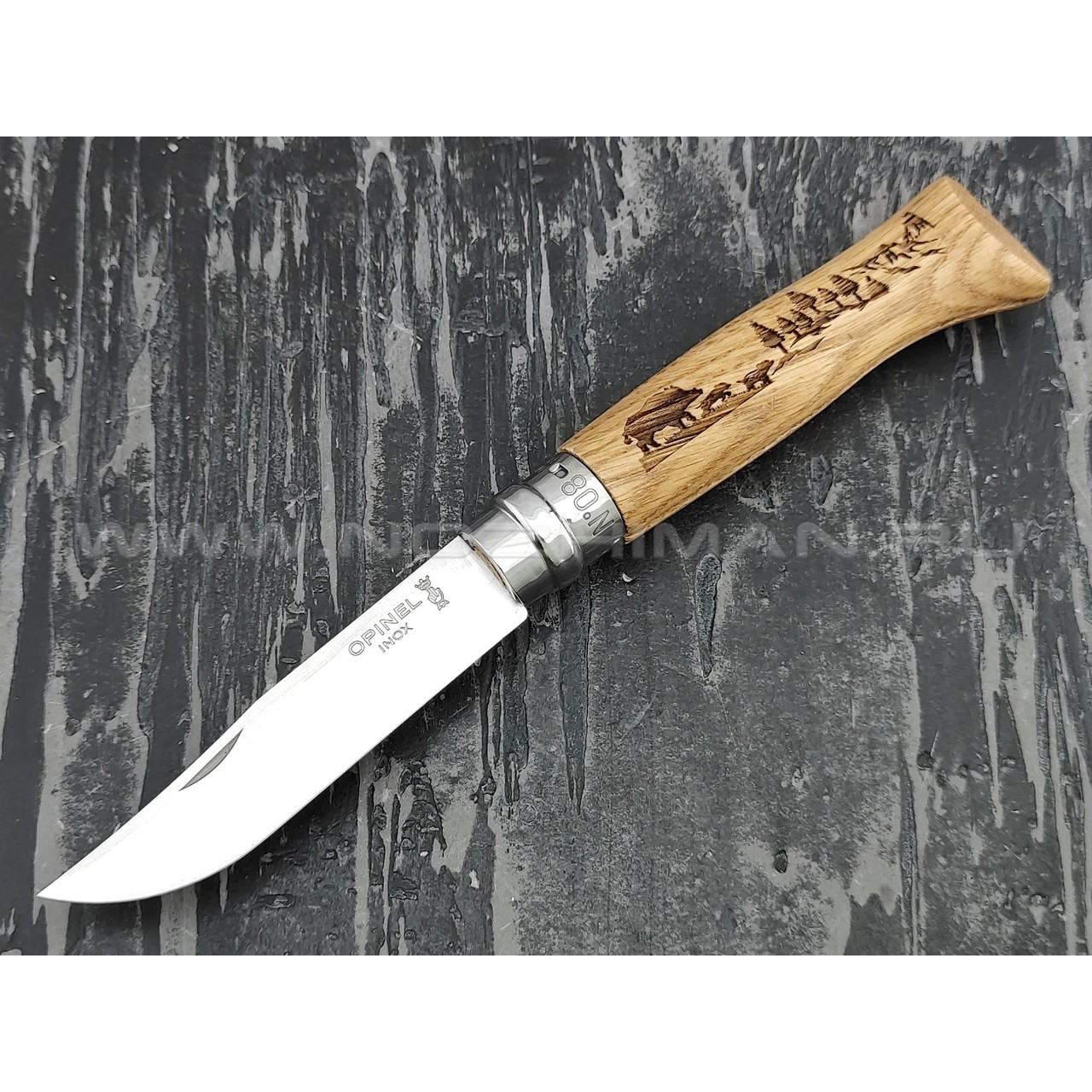 Нож Opinel Engraved №8 002331 Animalia Wild Boar 2019 сталь Sandvik 12C27, рукоять дуб