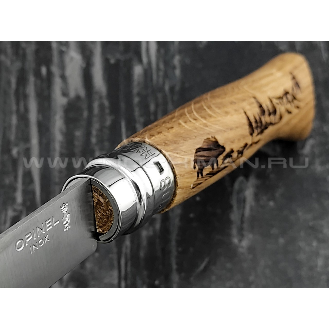 Нож Opinel Engraved №8 002331 Animalia Wild Boar 2019 сталь Sandvik 12C27, рукоять дуб