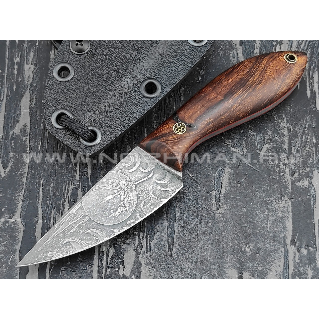 Волчий Век нож "Масичька" сталь M398 WA худ. травление, рукоять Ironwood