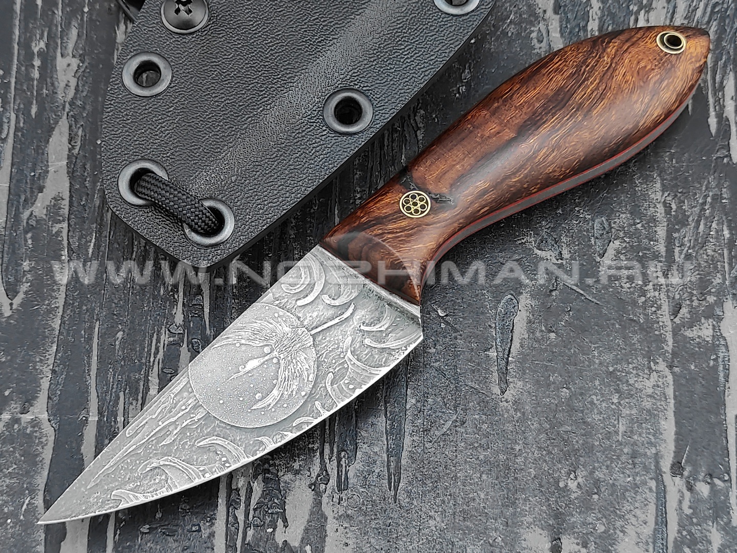 Волчий Век нож "Масичька" сталь M398 WA худ. травление, рукоять Ironwood