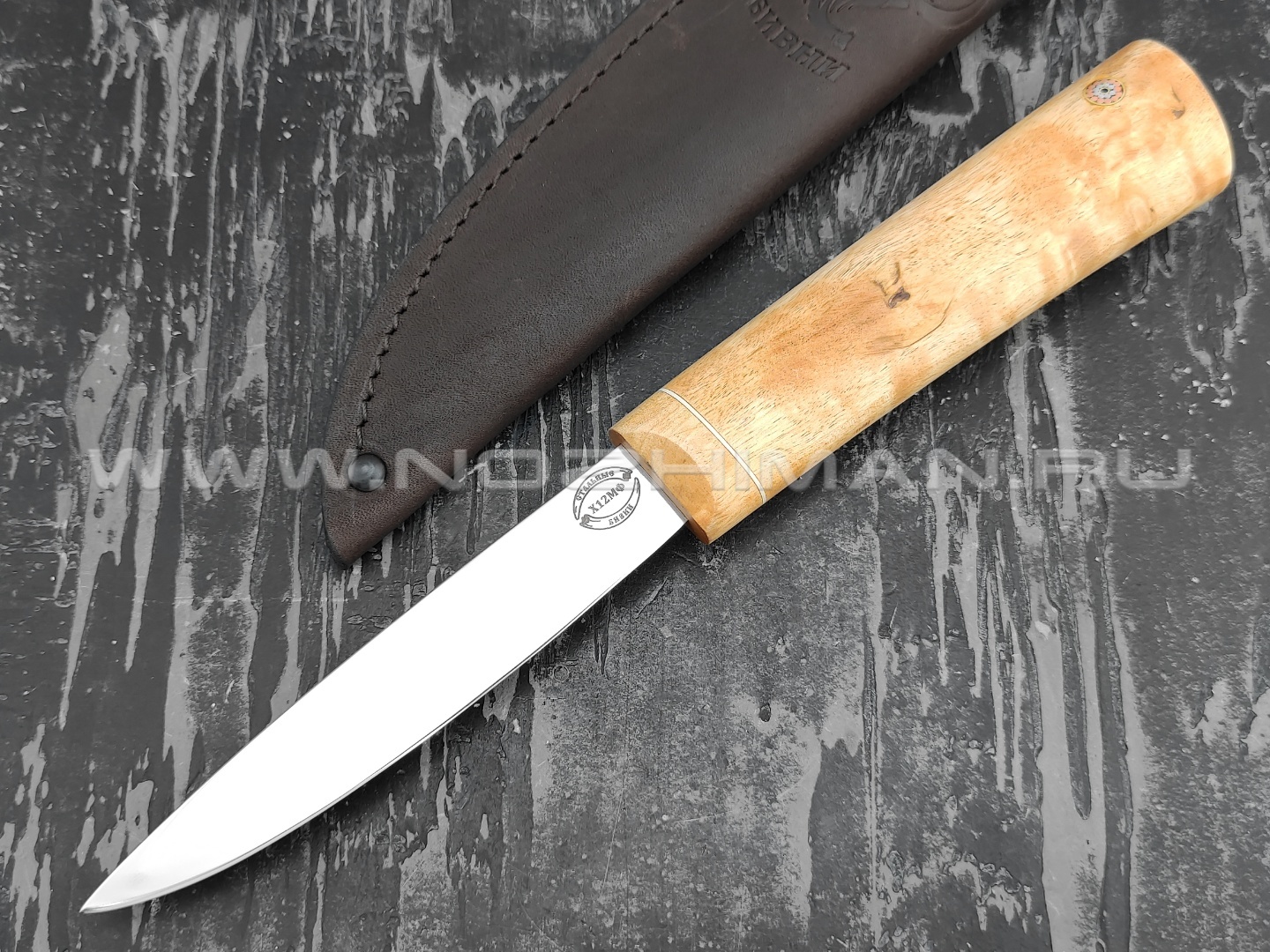 Нож "Якутский-МКД" сталь Х12МФ, рукоять стаб. карельская береза (Стальные Бивни)