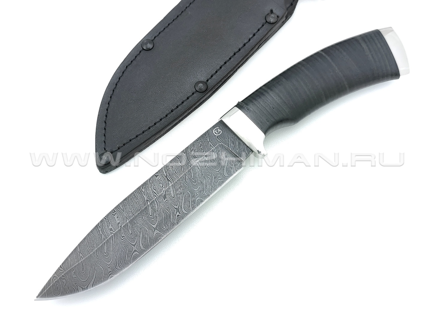 Нож "Кубанец" дамасская сталь, рукоять наборная кожа, мельхиор (Титов & Солдатова)