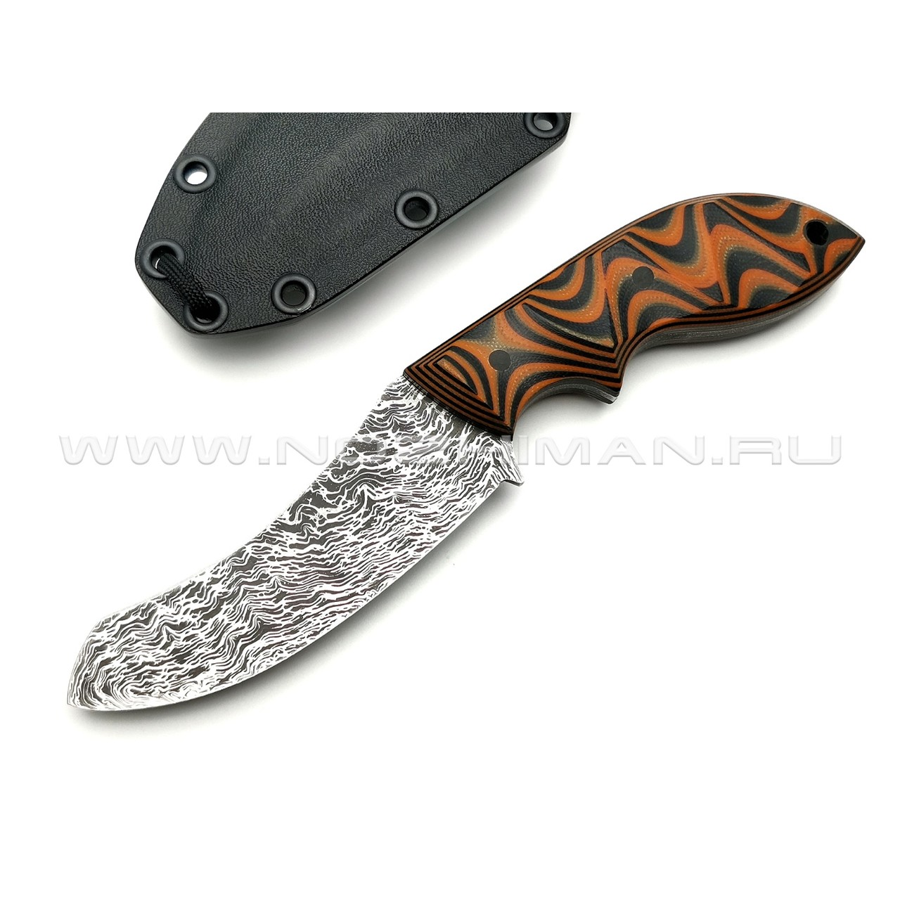Волчий Век нож "Кондрат 10" сталь Niolox WA Дамаскаж, рукоять G10 black & orange