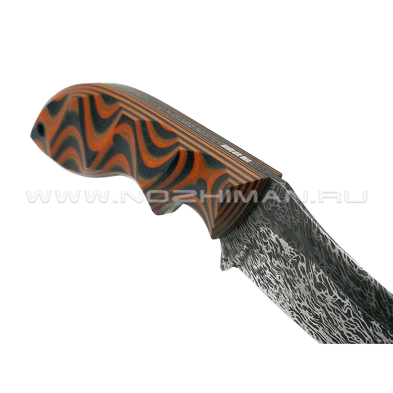 Волчий Век нож "Кондрат 10" сталь Niolox WA Дамаскаж, рукоять G10 black & orange