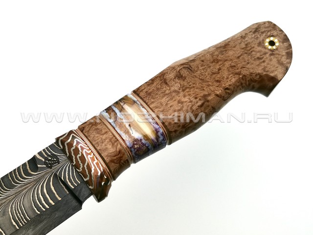 Нож "НЛВ12" торцевой дамаск, рукоять карельская береза, зуб мамонта, мокумэ-гане (Кузница Васильева)