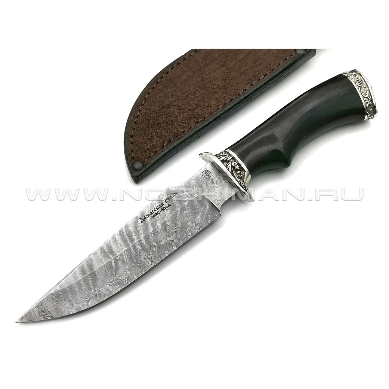 Нож Ирбис дамасская сталь, рукоять граб, мельхиор (Фурсач А. А.)