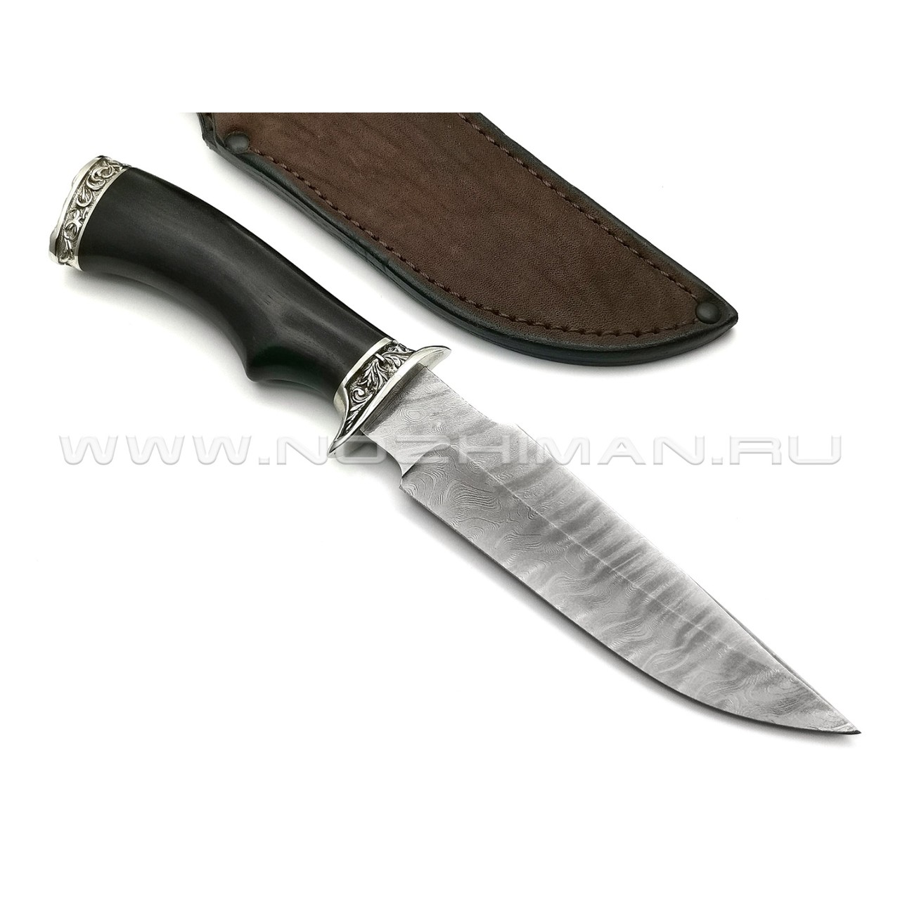 Нож Ирбис дамасская сталь, рукоять граб, мельхиор (Фурсач А. А.)