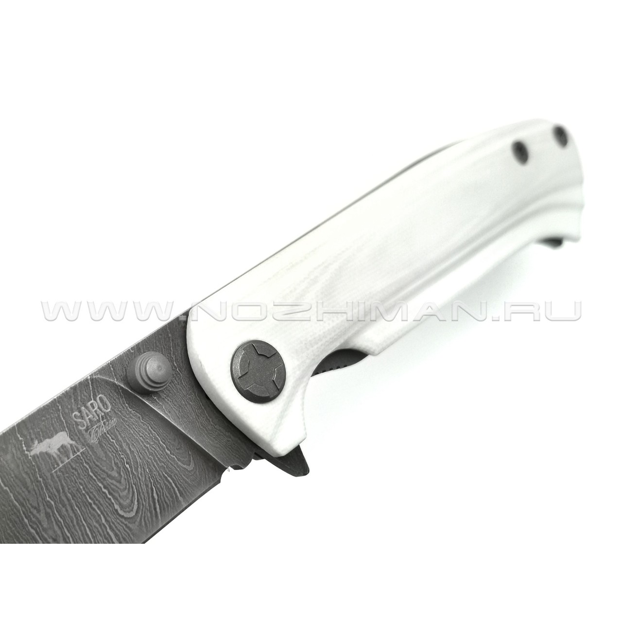 Saro нож Чиж Next дамасская сталь, рукоять G10 white