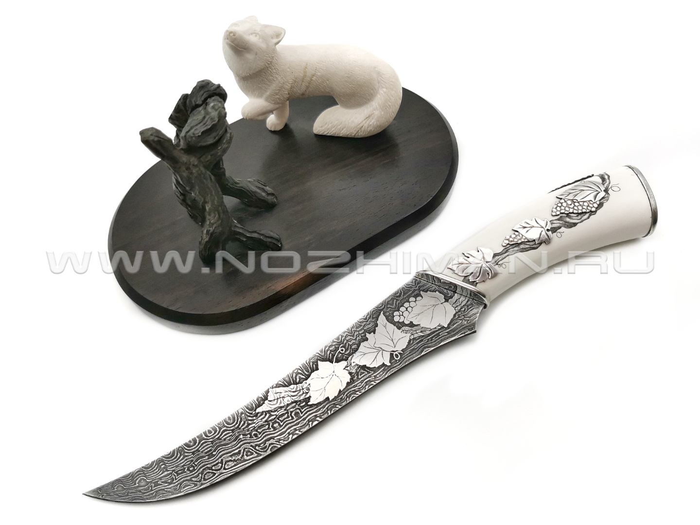 Композиция "Лиса и виноград" нож из дамасской стали, рукоять бивень мамонта, серебро (Северная Корона)