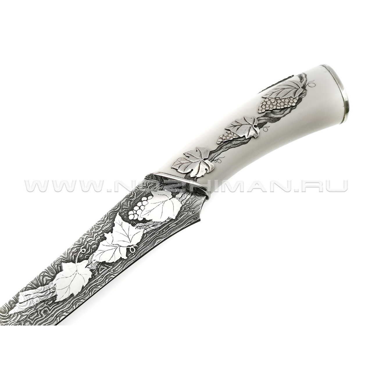 Композиция "Лиса и виноград" нож из дамасской стали, рукоять бивень мамонта, серебро (Северная Корона)