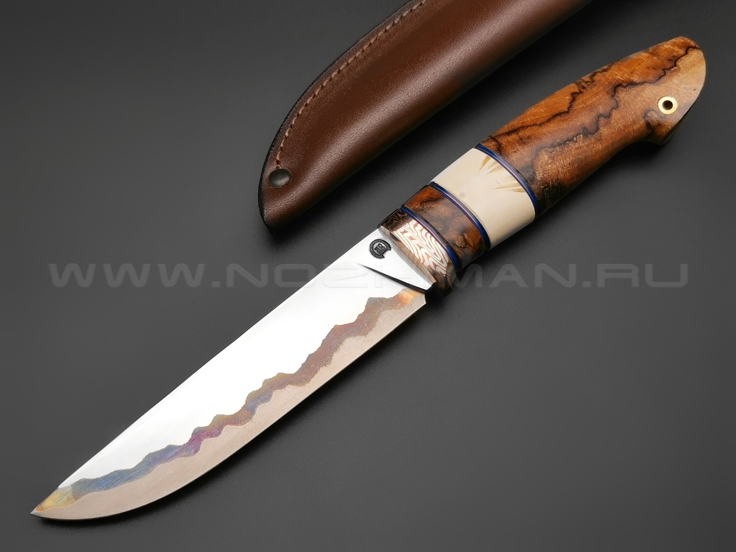 Нож "НЛВ35" ламинат K390, рукоять березовый шпальт, бивень мамонта, мокумэ-гане (Кузница Васильева)