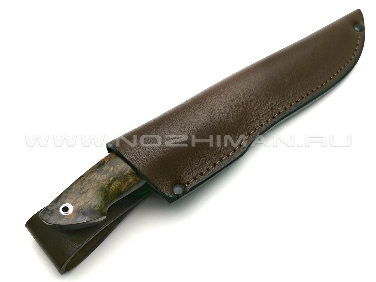 Нож "НЛВ29" ламинат S390, рукоять карельская береза, позвонок кита, мокумэ-гане (Кузница Васильева)