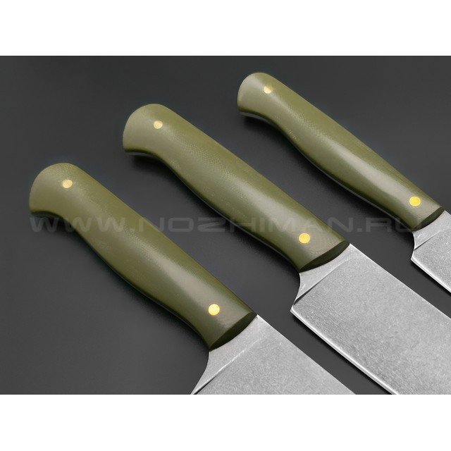 Набор из 3 кухонных ножей, булатная сталь, рукоять G10 OD green (Товарищество Завьялова)
