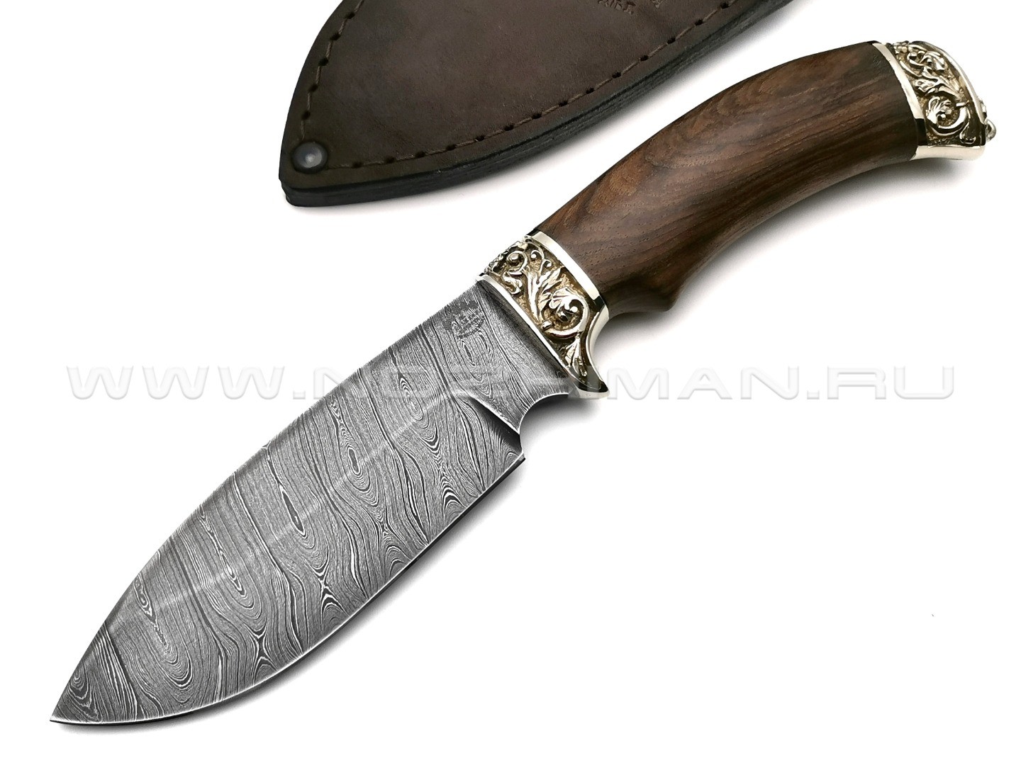 Нож "Бобёр" дамасская сталь, рукоять дерево орех, мельхиор (Товарищество Завьялова)